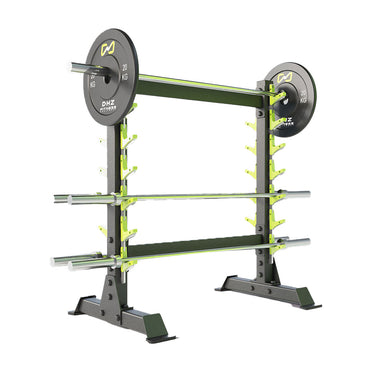 A double-sided DHZ Fitness Olympic Bar Rack - E6231 with black and green color accents, designed to hold multiple Olympic barbells.